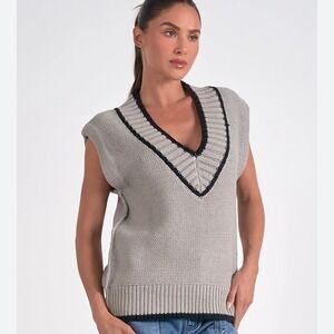 Elan Womens Gray Black Contrast Trim V-Neck Chunky Knit Sweater Vest  L